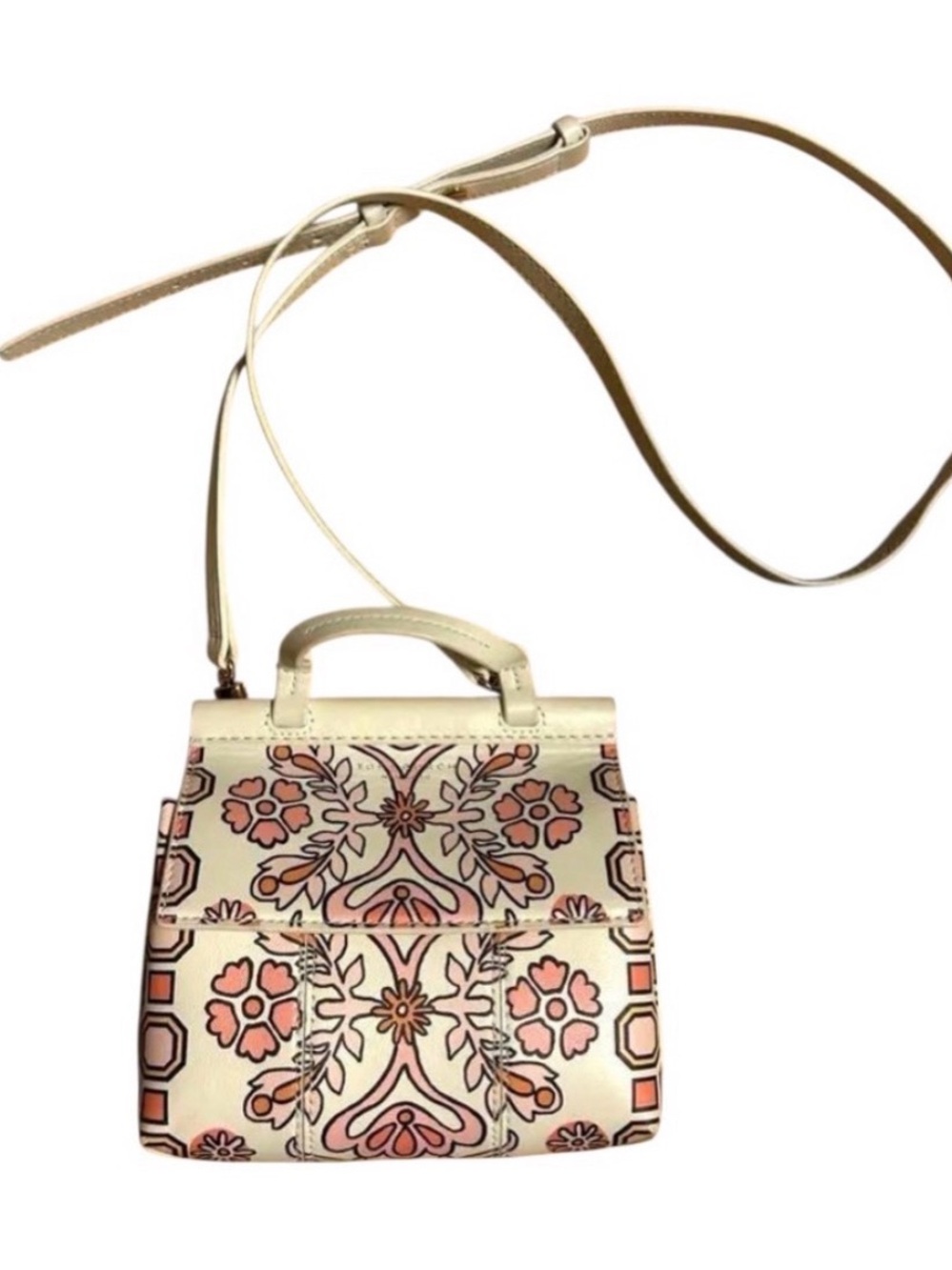 Tory Burch Cream Mini Top-Handle Bag with Pink & Gold Floral Print - Picture 8 of 11